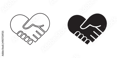 Heart handshake icon set. Corporate trust, ethical partnership, and charity volunteer symbols. Vector outline and solid UI glyphs.
