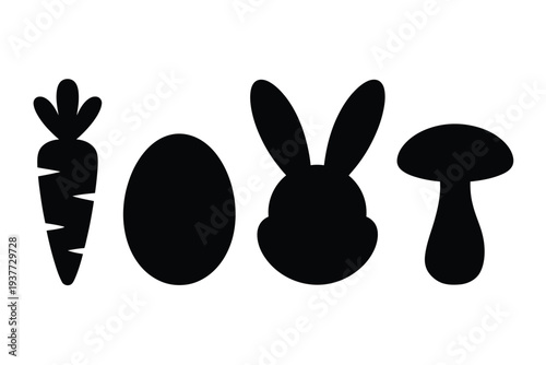 Black silhouettes of carrot egg bunny and mushroom