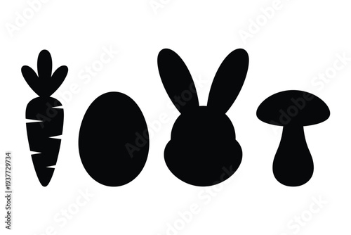 Black silhouettes of carrot bunny egg and mushroom