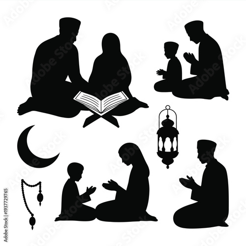 Black silhouettes of muslim family praying with quran and lantern