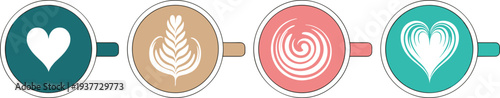 Coffee cup latte art icons set with heart, leaf and swirl foam patterns, barista drink design elements for cafe menu