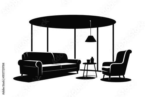 Black sofa and armchair with round table and hanging lamp