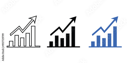 Business growth chart icon set. Upward arrow graph and analytics progress symbols. Outline, solid and blue vector icons.