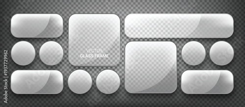 Liquid glass effect UI Set of realistic glass frames and buttons on transparent background