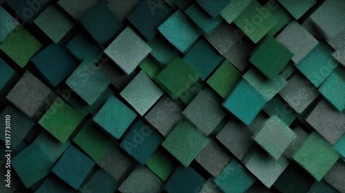 Abstract geometric pattern of 3 d cubes in various shades of green and gray