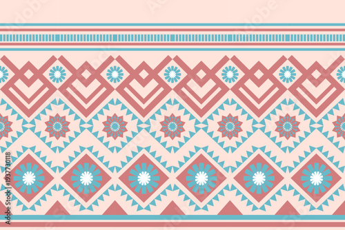 "Seamless ethnic geometric pattern background. Traditional tribal textile design with ornamental diamond shapes and folk art elements. Vector illustration for fabric, wallpaper, wrapping paper, or fas