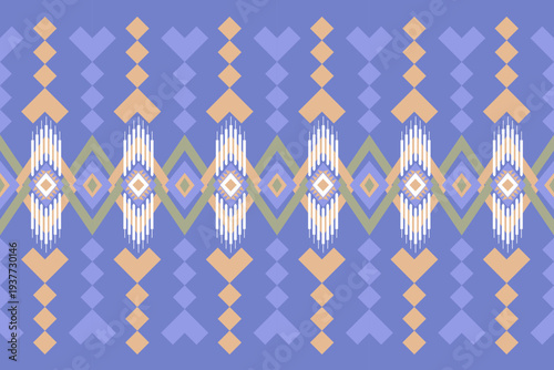 "Seamless ethnic geometric pattern background. Traditional tribal textile design with ornamental diamond shapes and folk art elements. Vector illustration for fabric, wallpaper, wrapping paper, or fas