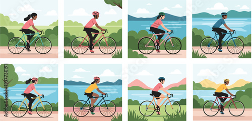 Vector illustration of diverse people riding bicycles in scenic parks and lake landscapes, promoting healthy lifestyle, outdoor fitness, eco-friendly transportation, and cycling activity.