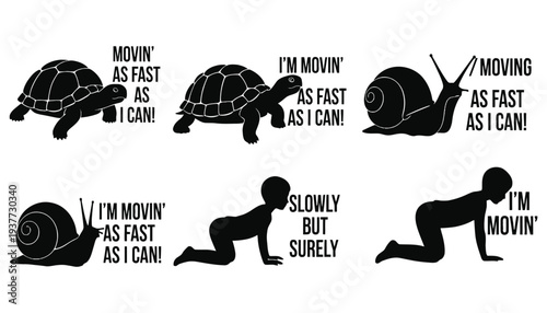 A set of silhouette icons featuring animals and a baby crawling with motivational phrases