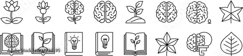Education and creativity line icons set with brain, plant, book and idea symbols, learning growth concept outline vector collection