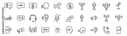 Hearing and voice communication outline icon set with human ear, microphone signal, sound wave, loudspeaker, headphones, mute silent, speech bubbles more vector illustration editable stroke.