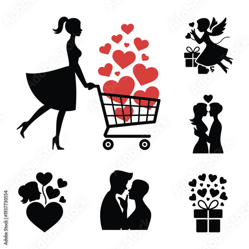 Silhouettes of couples and a woman with a shopping cart full of hearts
