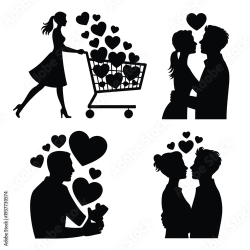 Silhouettes of couples with hearts and shopping cart