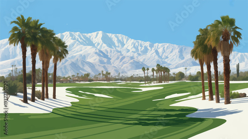 Golf course with sand traps palm trees and snowy mountains in background sunny day