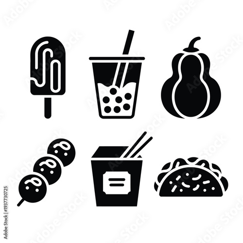 Six black and white food on white background food black and white