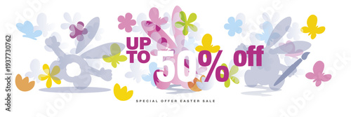 Easter sale up to 50% off pastel color voucher card. Easter bunny egg hunt. Beautiful colorful rabbits with all around overlapping spring symbols butterfly and flowers on eggs white background