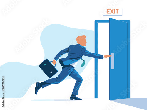 Businessman running towards open exit door with 'EXIT' sign, symbolizing escape, resignation, or leaving a situation.
