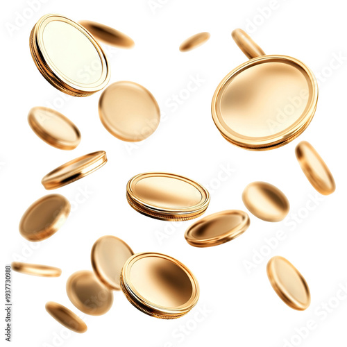 Floating gold coins in motion, isolated on transparent cutout background
