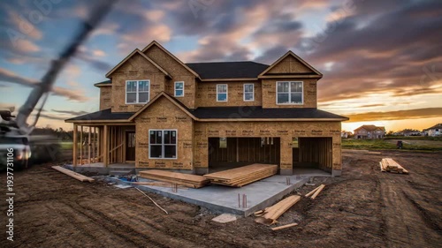Time-lapse of a new house being built from foundation to completion at sunset, showcasing construction progress and modern residential development.
