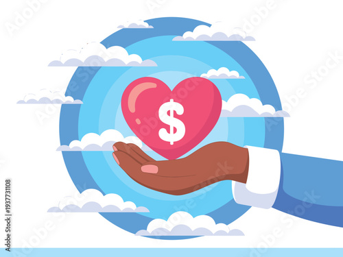 Hand holding heart with dollar sign, symbolizing charity, donation, financial help, and love for money.