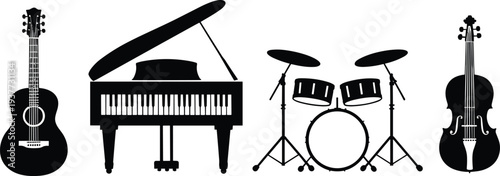 Black silhouette collection of musical instruments including acoustic guitar, grand piano, drum set and violin isolated on light background representing orchestra band music performance concept