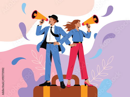 Couple with megaphones on suitcase, symbolizing announcement, promotion, travel, and business trip.
