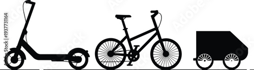 Electric scooter, bicycle and delivery van silhouette transport collection isolated on light background representing urban mobility, eco transportation and modern city delivery concept