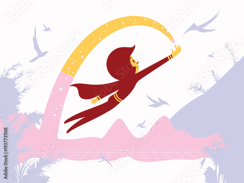 Figure creating rainbow arc with magic wand, symbolizing creativity, imagination, and dreams coming true.