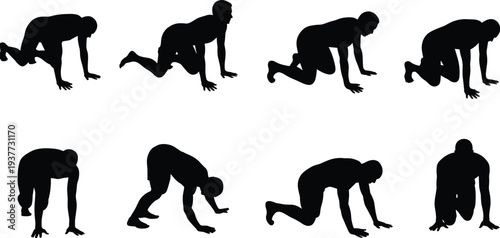 Collection of athlete sprint start positions silhouette set, runner starting stance sequence, track and field starting pose icons isolated on white background for sports training concept.