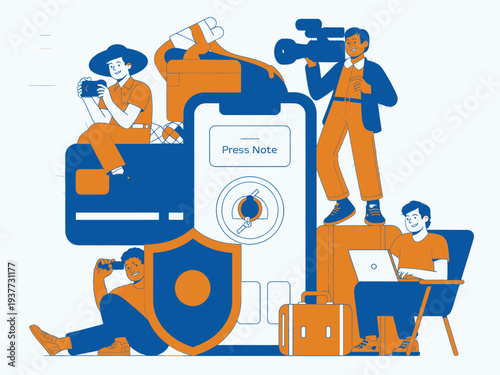 Team of reporters and videographers at work, covering a story with cameras and laptops.