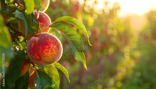 Ripe red and yellow fruit hangs on a tree branch bathed in warm, golden sunlight in an orchard