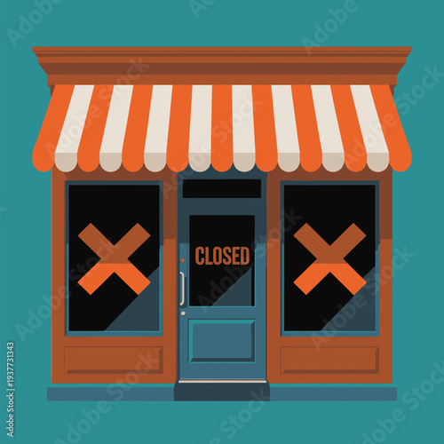 Closed storefront with striped awning and 'CLOSED' sign on the door, symbolizing business shutdown, economic hardship, or a pause.