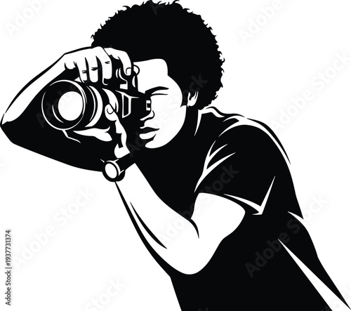 Photographer silhouette holding DSLR camera taking photo, professional photography concept, creative artist capturing moment, media and visual storytelling icon