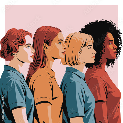 Diverse group of four women in profile, showcasing different ethnicities and hairstyles, representing female empowerment and solidarity.