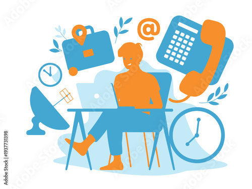 Man working on a laptop at a desk, surrounded by business and communication icons like briefcase, phone, clock, and satellite dish.