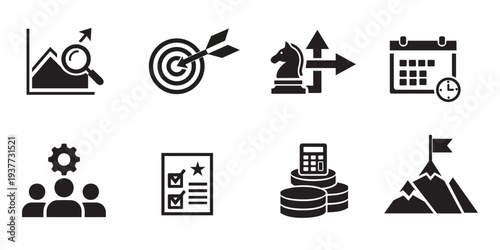Business strategy and planning icon set. Growth chart, target goal, calendar schedule and leadership symbols. Solid vector icons.