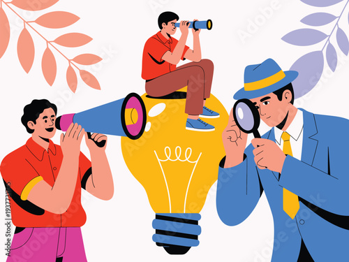 Team searching for ideas and solutions with a magnifying glass, megaphone, and telescope, representing research, innovation, and discovery.
