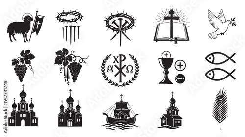 Religious iconography set including a lamb, crown of thorns, cross, dove, grapes, churches, ship, and palm frond.