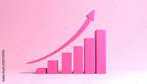 3D pink bar chart with descending bars and large upward arrow, isolated on pink background for data visualization concept. Free Download 3D pink bar chart with descending bars and large upward arrow, isolated on pink background for data visualization concept. - GFXLoad