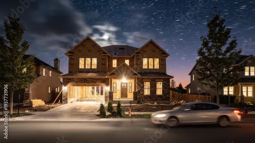 Time-lapse of a new house construction from framing to completion, day to night, with sunset and starry sky.