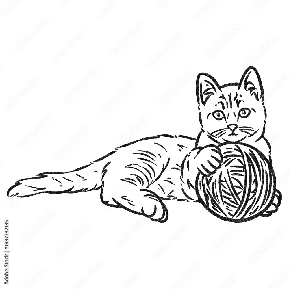 Fototapeta premium Playful Kitten with Yarn Ball Charcoal Line Art Illustration