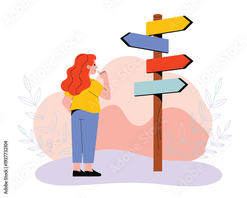 Woman contemplating crossroads with multiple signposts indicating different directions