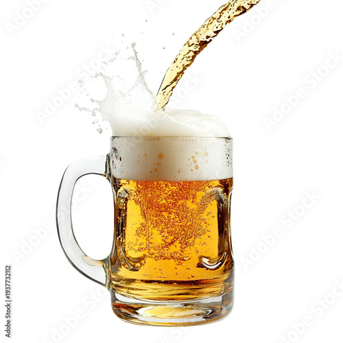 Beer being poured into mug with splash and foam, isolated on transparent cutout background