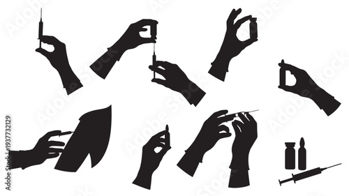 Syringe and vial held by gloved hands in various medical procedures, demonstrating vaccination and injection techniques in black silhouette.