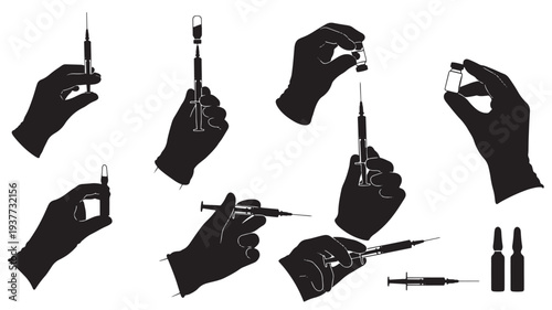 Hands in black gloves holding syringes and vials for vaccination or medical procedures, shown in silhouette style.