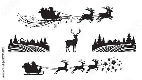 Santas sleigh with reindeer flying over snowy village and winter forest with stars and snowflakes falling
