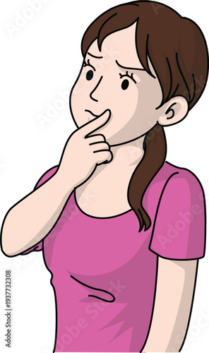 Young woman thinking with finger on chin looking confused or curious