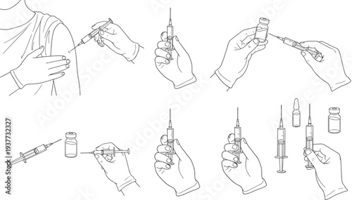 Syringe and vial medical illustration with gloved hands preparing injections, showing vaccination process and drug administration.