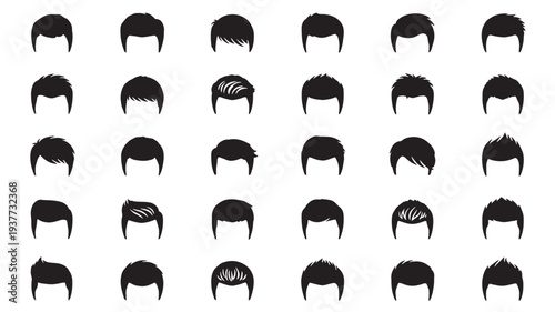 Hairstyles for men, set of diverse black silhouette icons representing various male haircuts and styles