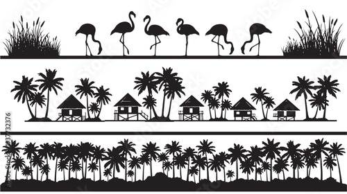 Flamingo silhouettes with reeds, tropical huts with palm trees, and dense jungle landscape with coconut trees.